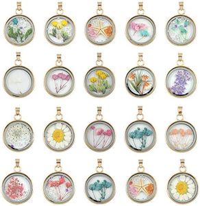 10pcs Mixed Round Shape Dried Pressed Flower Pendant Flower Plant Charm Floating Pendant Necklace Making Supplies Gold