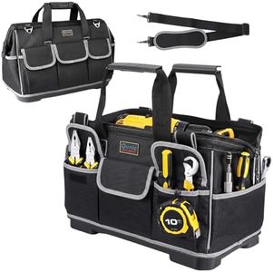 Ounic Tool Bag, 22 Inch Large Tool Bag Heavy Duty With Waterproof Molded Base, Wide Mouth Tool Tote Bag Tool Box Organizer with Adjustable Shoulder Strap for Him Men Husband Mechanic Engineer(Black)