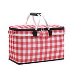 Large Size Insulated Picnic Basket, Foldable Cooler Bag, Waterproof Lining Cool Hamper Shopping Basket Bag Box for Camping, Hiking, Picnicking, Lake Trips, Family Vacations,-Keeps Food Cold (Red)