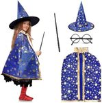 Wizard Party Costume Cloak Fancy Dress Witch Cape With Wand Hat for Boys Girl Toddler Cosplay Easter Birthday Party, Magician Role Play Costume Decorations Stage Performance Photo Props - Blue