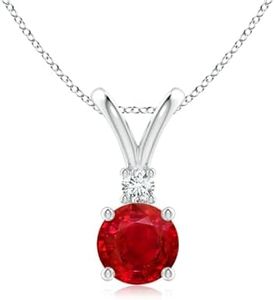 Angara Natural Ruby Solitaire Pendant for Women | Round Ruby Solitaire V-Bale Pendant with Diamond in White Gold | July Birthday, Anniversary, Gemstone Jewelry Gift | AAA | 7mm