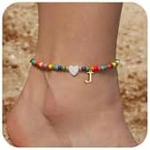 Honsny Ankle Bracelets for Women Initial Anklets Waterproof Boho Beaded Dainty Ankle Bracelets for Teen Letter Heart Handmade Adjustable Foot Chain Anklet Summer Vacation Colorful Jewelry Gift