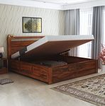 Ganpati Arts Solid Sheesham Wood Jaipur Queen Size Bed with Hydraulic Storage Wooden Double Bed Palang for Bedroom (Natural Finish) 1 Year Warranty