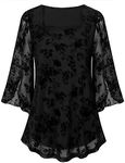 Luranee Blouses for Women Dressy Casual, Chiffon Work Blouses 3/4 Sleeve Square Neck Comfy Trendy Cute Henley Tops for Evening Wear Flattering Wedding Guest Clothes Black-Large