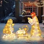 Enhon 2FT Lighted Outdoor Nativity Scene Set with LEDs, Weatherproof Metallic Yarn Nativity Sets for Christmas Outdoor, Holy Family Nativity Manger Scene Outdoor Christmas Decor, Connectable Plug