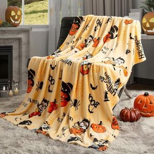 Pumpkin Halloween Throw Blanket 50” x 70” Reversible Happy Halloween Print Fleece Throw Blanket, 320 GSM Surper Soft Warm Cozy Blanket for Couch Sofa, Halloween Harvest Gifts and Orange Home Decor