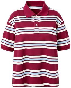 CUFEZN Womens Striped Knit Polo Shirts Short Sleeve Collared Shirt Casual Summer Pullover Sweater Tee Tops Red Medium