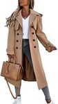 Fisoew Women's Double Breasted Long Trench Coat Windproof Classic Lapel Belted Overcoat with Pockets, Khaki, X-Large