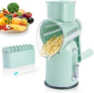 ENERGEVITY Manual Rotary Cheese Grater with Handle, 5 in 1 Replaceable Stainless Blades Cheese Shredder,Strong Suction Base Vegetable Slicer with Cleaning Brush & Bonus Storage Box for Blades (green)