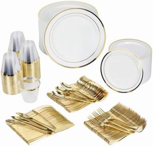 600 Piece Gold Dinnerware Party Set - 100 Guest | 100 Dinner Plastic Plates - 100 Salad Gold Plates- 100 Gold Plastic Silverware Set - 100 9 OZ Gold Plastic Cups | For Wedding, Birthday, Parties