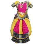 Mudra Dance Costumes Classical Bharatnatyam Readymade 34 Inch Yellow Magenta and Blue Silk Cloth Women and Kids Dress for Fancy Dress, Costume Competitions, School Dance Events, Annual Functions