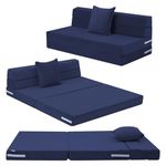 MeMoreCool Folding Mattress Double 190x135cm, High Density Foam Fold Out Sofa Chair Z Bed, Foldable Futon Mattress, Floor Lounger Guest Couch Bed for Sleeping, Travel, 13cm Thick, Navy Blue