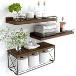 Hoiicco Bathroom Shelves with Metal Guardrail, Wood Floating Shelves Over Toilet with Wire Storage Basket, Floating Wall Shelves for Bedroom, Living Room, Kitchen and Bathroom (Carbon Brown)