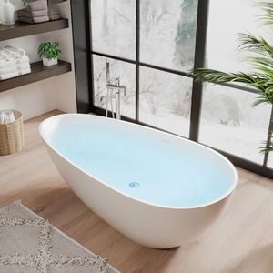 GarveeTech 67"Solid Surface Freestanding Bathtub, Contemporary Oval Shape Soaking Tub, Egg Shell Stone Resin Stand Alone Bathtub With Pop-Up Drain and Overflow, Cupc Certified,Matte White