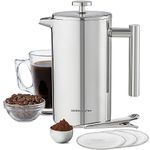 andrew james Double Walled Stainless Steel Cafetiere Gift Set With 3 Mesh Filters, Coffee Measuring Spoon And Bag Sealing Clip, Delicious French Press Coffee, Easy to Clean (1000ml, Stainless Steel)