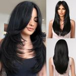 Long Black Layered Wigs for Women Long Straight Wig with Bangs Synthetic Natural Hair