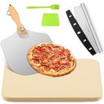 GOFOWRK Pizza Stone 5 PCS Set, 38 x 30 cm Large Rectangle Pizza Stone Set for Oven & Outdoor Grill with Metal Pizza Peels & Cutter Rocker, 1.5 cm Thickened Grill Baking Stone for Pizza, Bread