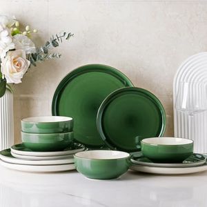 GBHOME Ceramic Dinnerware Sets, 12 Pieces Emerald Green Stoneware Dinner Set, Plates and Bowls Sets, Dishwasher & Microwave Safe | Service for 4, GDW019