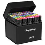 Tongfushop 100 Colored Marker Set, Colouring Pens, Permanent Marker Pens, Art Pens for Adults, Twin Markers for Drawing, Sketching, Anime and Manga with Carrying Case and Storage Base