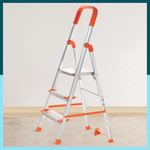 Houza 3 Step Foldable Aluminium Ladder for Home | Ladder with Anti-Slip Shoes | Slip Prevention Steps | Durable, Heavy Duty, Safe, and Stylish | (Orange)