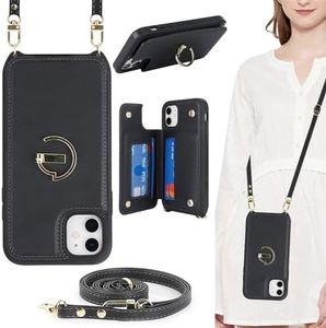 ELTEKER Crossbody Lanyard Case for iPhone 15,PU Leather Wallet Case Flip Cover with Card Holder Crossbody Strap for iPhone 15 (6.1 Inch)- Black