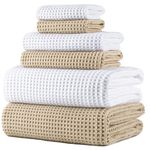 Polyte Oversize, 60 x 30 in., Quick Dry Lint Free Microfiber Bath Towel Set, 6 Piece (White,Beige, Waffle Weave)