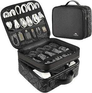 Cable Organizer Bag, Waterproof Travel Electronic Storage with Adjustable Divider, Shockproof Portable Double Layer Tech Bags Carrying Case for Cord, Earbuds, Charger, SD Card, Gifts for Him, Black