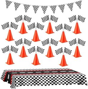 Racing Car Party Supplies - Racecar Decorations Kit for Kids - (12) Orange Traffic Cones, (24) Racing Checkered Flags, Plastic Tablecloth (54"x108") Birthday Banner Race Car Theme Baby Shower (38Pcs)