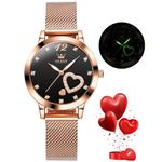 OLEVS Ladies Watch Japanese Quartz Rose Gold Stainless Steel Mesh Strap Diamond Luxury Dress Waterproof Luminous Bracelet Sets (Black)