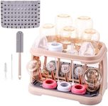 Baby Bottle Drying Rack with Brush & Dishwasher Basket - Space Saving Standing Drying Rack for Baby Bottles, Pump Parts & Accessories, Compact Organizer Holds Up to 8 Bottles (Pink Lotus Root)