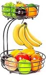 Mutool Fruit Basket, 2-Tier Fruit Bowl with Banana Hanger, Kitchen Countertop Rack, Metal Bowls Perfect for Holding Fruit, Vegetables, Snacks, Cupcakes (Black)