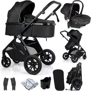 For Your Little One Cruise 3-in-1 Travel System with i-Size Car Seat, Stroller, 13kg Pram, Height Adjustable Handle, Pram, Newborn 0-4 Years Free Raincover and Cupholder (Eclipse Black)