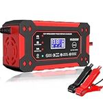 12V 6Amp Car Battery Charger, Fully Automatic Smart Charger, Trickle Charger and Maintainer with Temperature Compensation, Pulse Repair Charger Pack for Car, Motorcycle, Lawn Mower