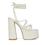 Womens Platform High Heel Lace Up Sandals Ladies Chunky Sole Strappy Party Shoes Size White Synthetic Leather