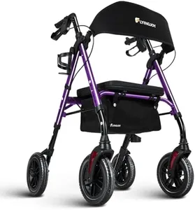 FlyingJoy Rollator Walker with Seat and Brakes, 300 lbs Adults Bariatric Walker for Seniors with Extra Wide Backrest, Lightweight Folding Adjustable Height, All Terrain Rolling Walker 8 Inch 4 Wheels