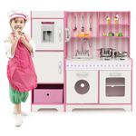 Maxmass Wooden Kids Play Kitchen, Children Pretend Kitchen with Adjustable LED Lights, 16 PCS Accessories, Removable Storage Bin, Ice Maker & Telephone, Toddler Cooking Toys Playset for 3+ Years Old