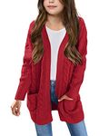 Arshiner Girls Front Open Long Sleeve Thick Knit Cardigans Sweater Loose Drop Shoulder with Pockets 5-6 Years Red