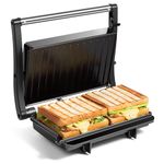 VonShef Panini Press Grill – Sandwich Toaster 2 Slice with Non-Stick Plates, 1000W, Deep Fill Toastie Maker with Floating Hinge, Auto Temperature Control, Easy Clean, Stainless Steel – Black