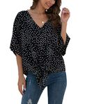 VIISHOW Women Bell Sleeve Shirt Tie Knot Casual Chiffon Blouses Tops(Black Dot,Large)