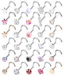 Milacolato 30Pcs Hypoallergenic Nose Rings Studs 316L Stainless Steel Nose Piercings Jewelry Straight L Shaped Corkscrew Nose Ring Studs Cubic Zirconia Opal Nose Studs for Women Men 20G Screw