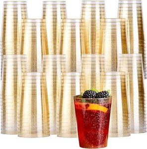 Matana - 150 Bicchieri di Plastica Rigida Lavabili con Glitter Dorati (285ml / 10oz) - Bicchieri Oro, Bicchieri di Plastica Dura Riutilizzabili per Bevande, Cocktail, Dessert, Feste