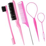 Street27® 5pcs Slick Back Hair Brush Set with 2pcs Topsy Hair Tail Tool | Bristle Teasing Hair Brushes | Edge Brush | Rat Tail Comb For Women Girls Hair Flyaways Styling Edge & Back Combing (Pink)