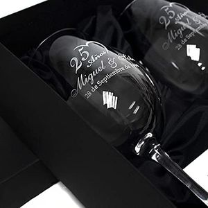 Copas de vino de cristal personalizadas mediante grabado a láser con estuche a juego - Regalo personalizado para novios, parejas, bodas, eventos (Bodas Plata/Oro)