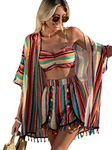 Verdusa Women's 3 Piece Outfits Short Sleeve Open Front Kimono and Boho Cami Top and Tassel Trim Tropical Shorts Set, Multicolor, Small