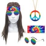 SKHAOVS 4 Pieces Hippie Wig Set, Hippie Costume Accessories, Brown Wig, Sunglasses, Peace Necklace, Tie Dye Headband, 60/70s Costume Accessories, Disco Style Fancy Dress for Men Women (4 Pieces)