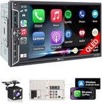 PLZ 7" Wireless Double Din Car Stereo Apple Car Play Radio Carplay Android Auto QLED Touch Screen, Bluetooth 5.3 Audio Receivers, 1080P Backup Camera, 4.2 Channel Outputs 240W, 2 Subwoofer, FM/AM, SWC