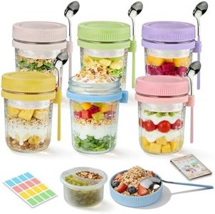 Torchero Overnight Oats Containers with Lids and Spoon - 6 Pack 16 oz Glass Mason Jars with Separate Compartments Leakproof Airtight Chia Yogurt Parfait Cups for Cereal Meal Prep Sugar Packet Holders