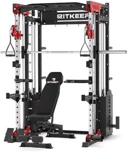Heimtrainer Smith-Maschine mit 150 kg Gewichtsblöcken, 6-in-1 Power Rack mit Kabelzug, Klimmzug- & Dip-Station, Fitnessgerät für das Home-Gym – RitKeep PMAX-5600 (Rot mit RAB2000)