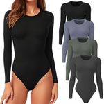 CE' CERDR 4 Pack Long Sleeve Bodysuit for Women Round Neck Casual Stretchy Basic Shirts Crew Neck Body Suits Tops