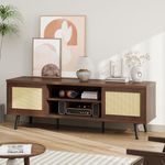 Bestier Rattan TV Stand for 75 Inch TV, Boho Entertainment Center with Sliding Doors, Retro TV Console with 2 Tier Storage Shelves, Media Console Table for Living Room Bedroom - Walnut